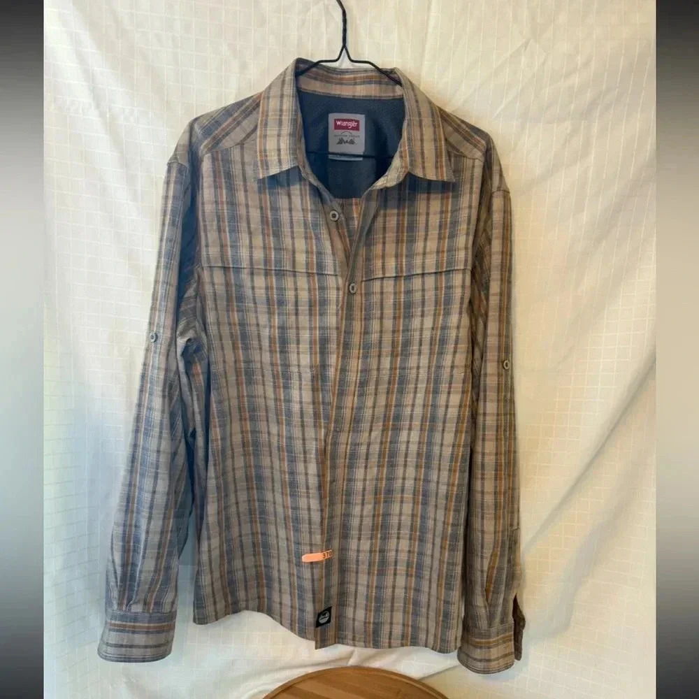 Wrangler Brown Blue Button Down Plaid American Cowboy Shirt Men's Large